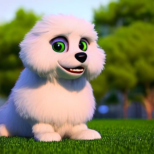 A white fluffy dog with green eyes