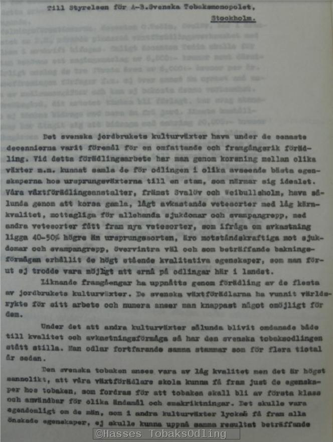 Ett brev från Svalövs utsädesförädling till Svenska tobaksmonopolet.