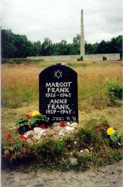 Minnessten över systrarna Frank. Anne Frank förflyttades hit från Auschwitz bara några veckor innan lägret stängdes. Alltför medtagen avled hon här. Den enda överlevande från familjen var pappan Otto som sedan låtit giva ut dotterns bok Minnessten över systrarna Frank. Anne Frank förflyttades hit från Auschwitz bara några veckor innan lägret stängdes. Alltför medtagen avled hon här. Den enda överlevande från familjen var pappan Otto som sedan låtit giva ut dotterns bok